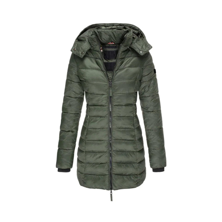 Detailansicht der gesteppten Textur der wasserabweisenden Damen Winter-Pufferjacke, warm und chic.