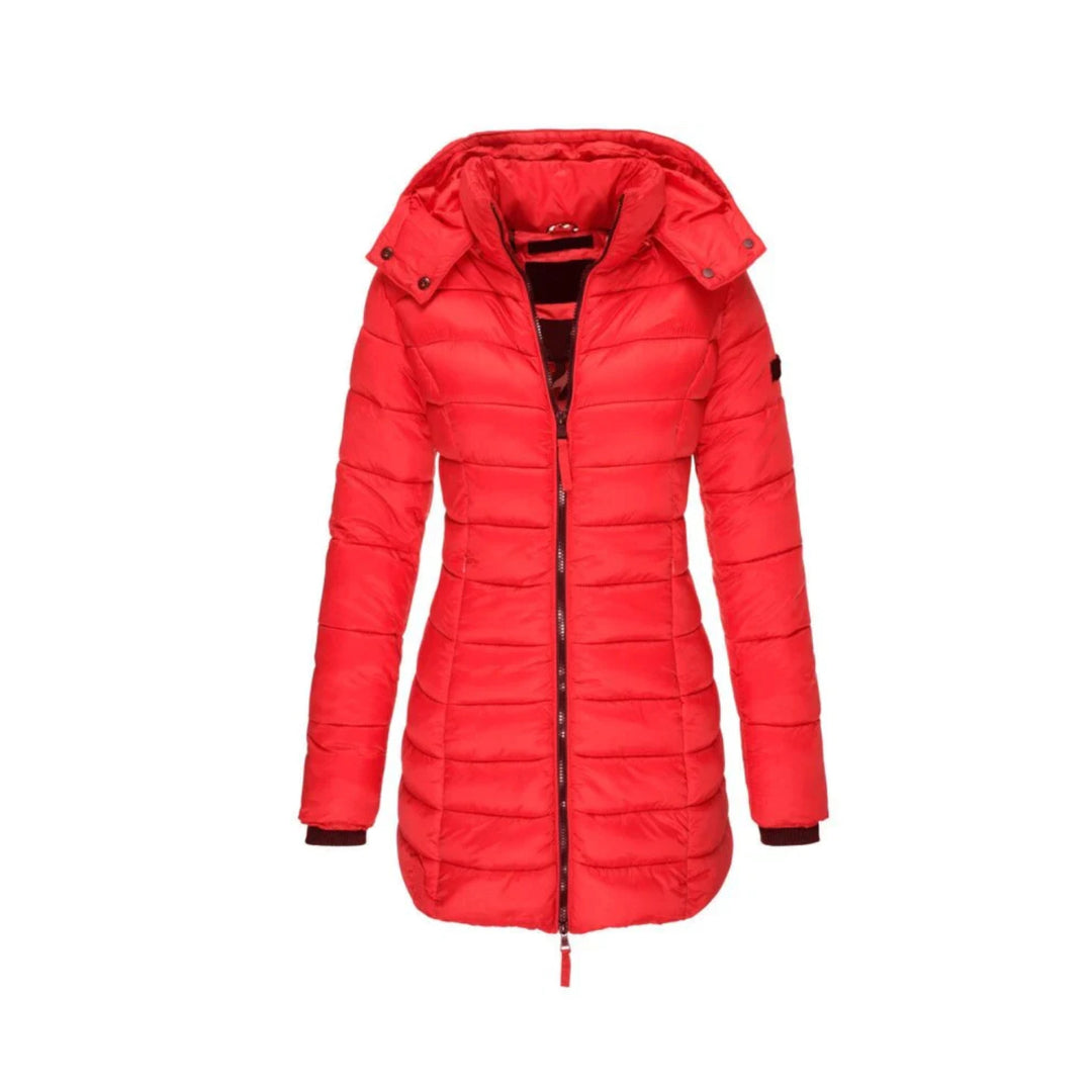 Ganze Ansicht der Damen Pufferjacke, gesteppt, wasserabweisend, perfekt für winterliche Outfits.