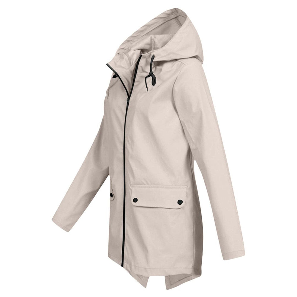Modische Damen Regenjacke mit Kapuze, ideal für Wetterschutz und Freizeit.