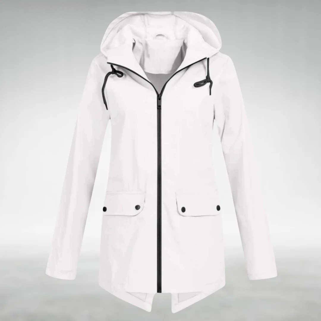 Moderne Damen Regenjacke, winddicht und wasserdicht. Atmungsaktive Outdoor Jacke in elegantem, schlankem Schnitt.