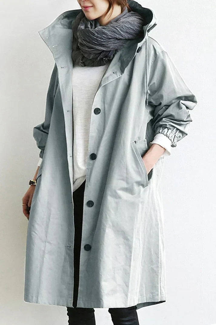 Damen Wasserdichter Trenchcoat lang mit Kapuze, warm & stilvoll. Ideal für Herbst & Winter Outdoor.