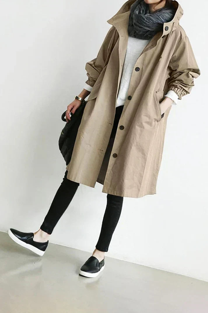 Vielseitiger Damen Übergangsjacke Trenchcoat, lang, wasserdicht mit Kapuze, warm & modisch.