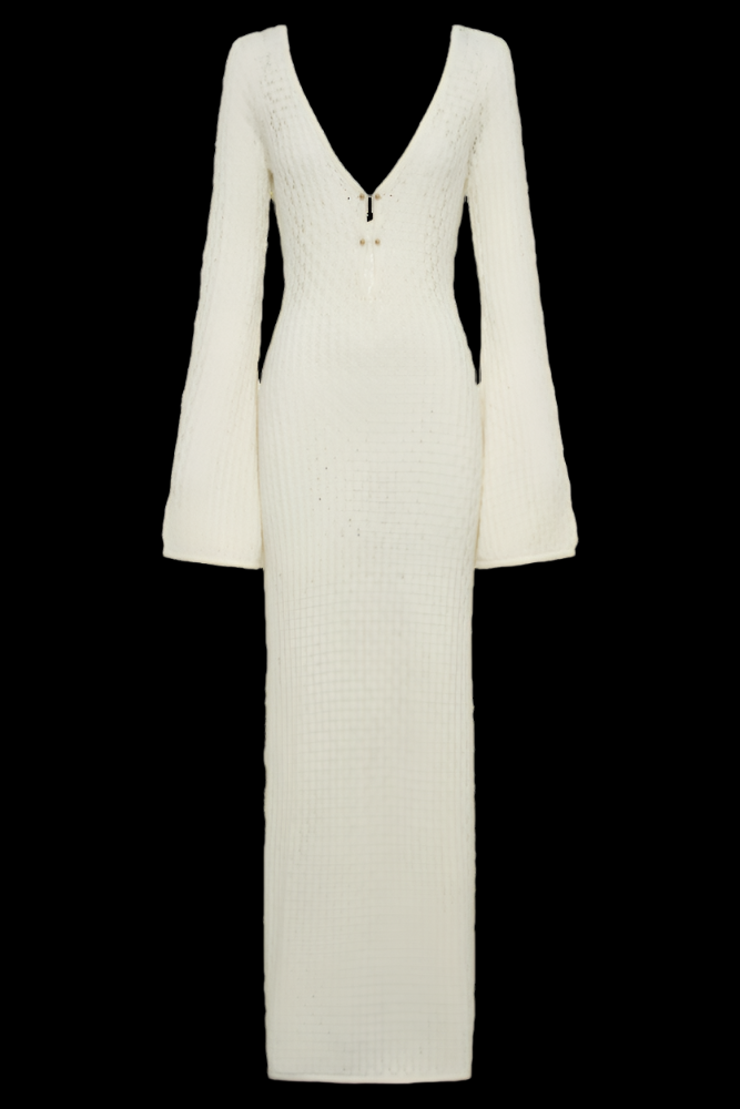 Weißes, leichtes Damen Strickkleid in Maxi-Länge. Luftiges Sommerkleid, perfekt für Freizeit & Strand.