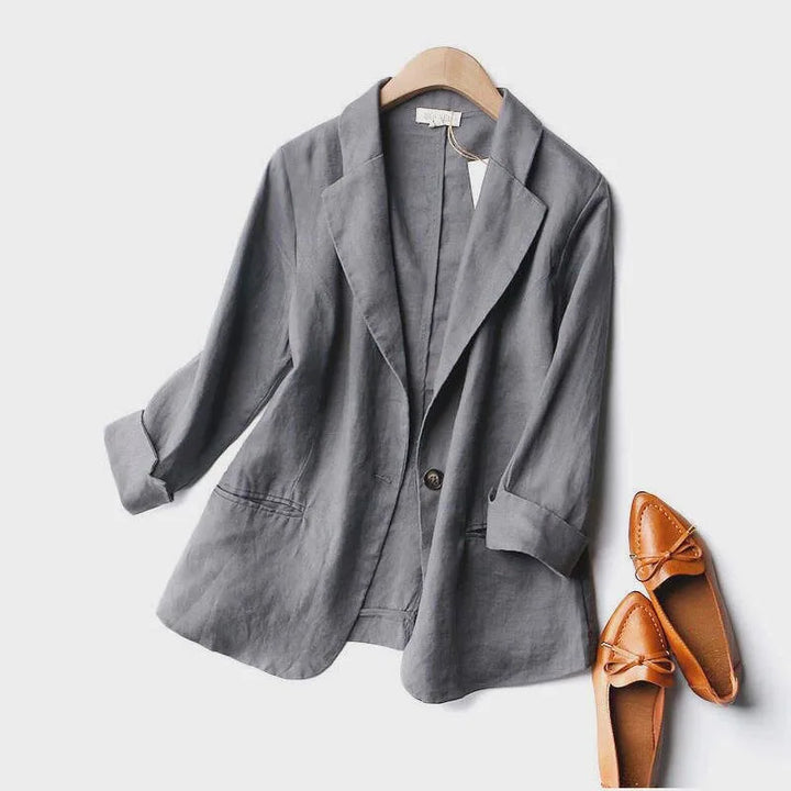 Grauer, leichter Damen Sommer Blazer; vielseitige Oberbekleidung für elegante Freizeit- oder Business-Outfits.