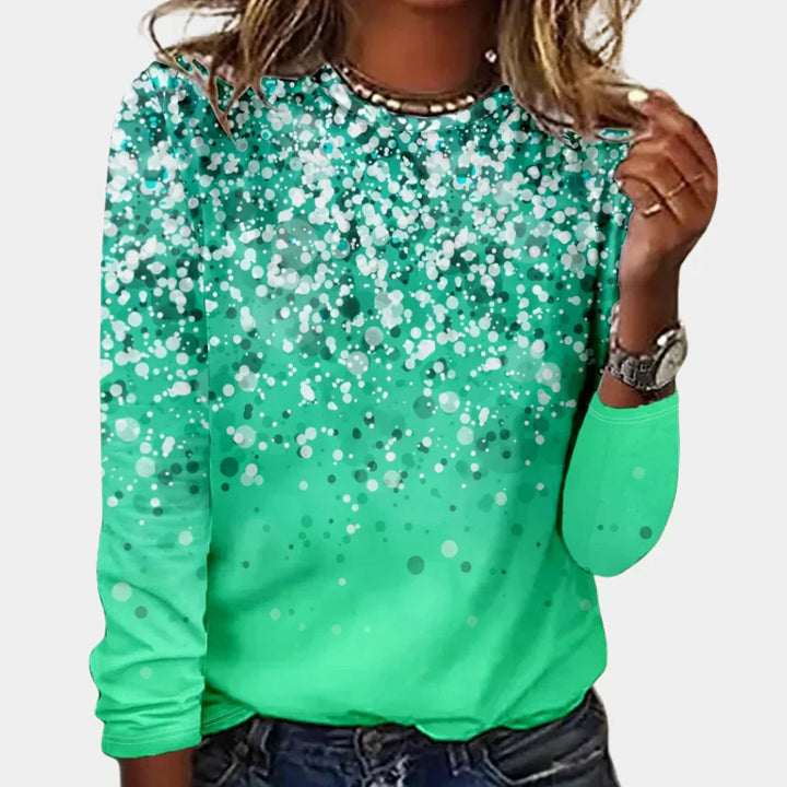 Gemütlicher Damenpullover mit glitzerndem Sternenmotiv. Perfekt für festliche Mode und Weihnachtsoutfits.