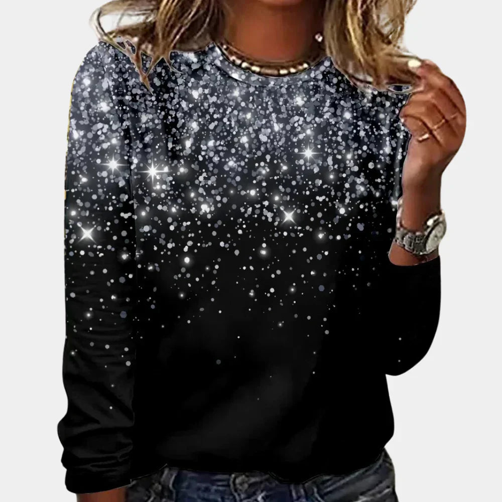 Damen Pullover mit funkelnden Sternen für Weihnachten. Glitzernder, bequemer und stylisher Party-Look.