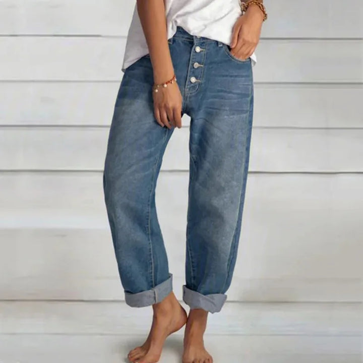 Damen Weite Jeans, High Waist, Knopfleiste, Vintage-Blau. Loose Fit Freizeithose für bequemen Casual-Look.