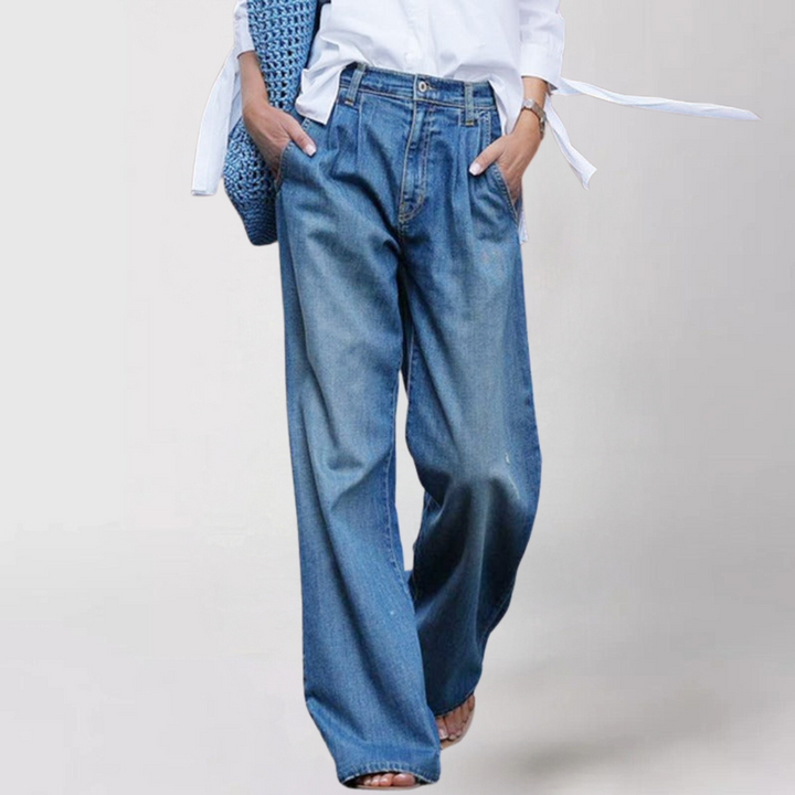 Damen Weite Jeanshose mit hohem, elastischem Bund in Blau, perfekt für einen stylischen, bequemen Freizeit-Look.
