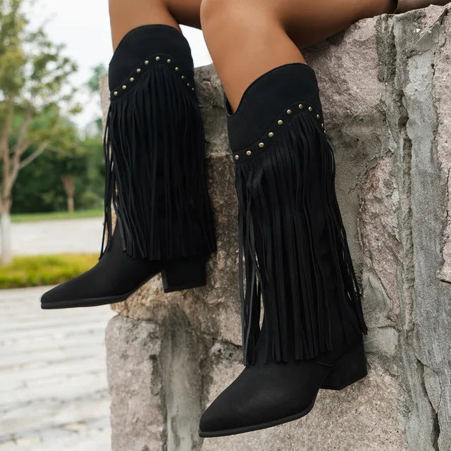 Bequeme Damen Western Fransenstiefel Sabina, im authentischen Vintage-Stil. Ideal als Festival- oder Freizeitstiefel.