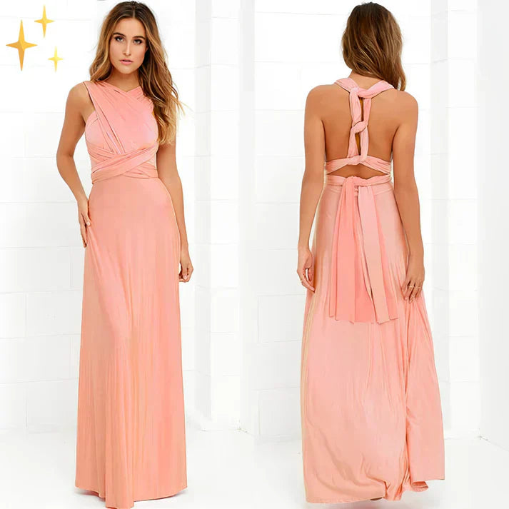 Model trägt elegantes Damen Wickel Maxikleid mit verstellbaren Trägern, ideal für den Sommer.