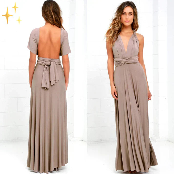 Vielseitiges Damen Wickel Maxikleid mit verstellbaren Trägern, lang, elegant für Frühling & Sommer.