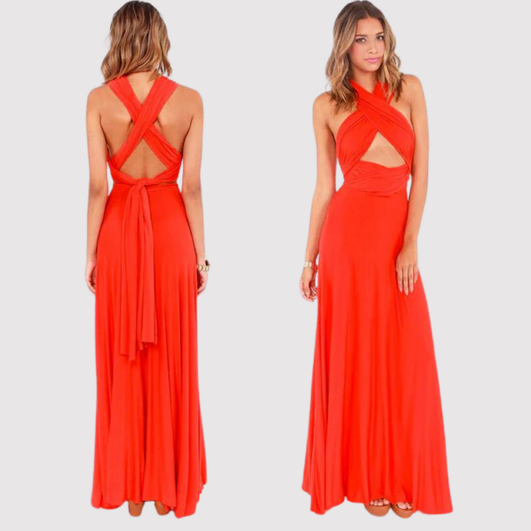 Rückansicht Damen Wickel Maxikleid, fließender Saum, verstellbare Träger, elegant für Sommerpartys.