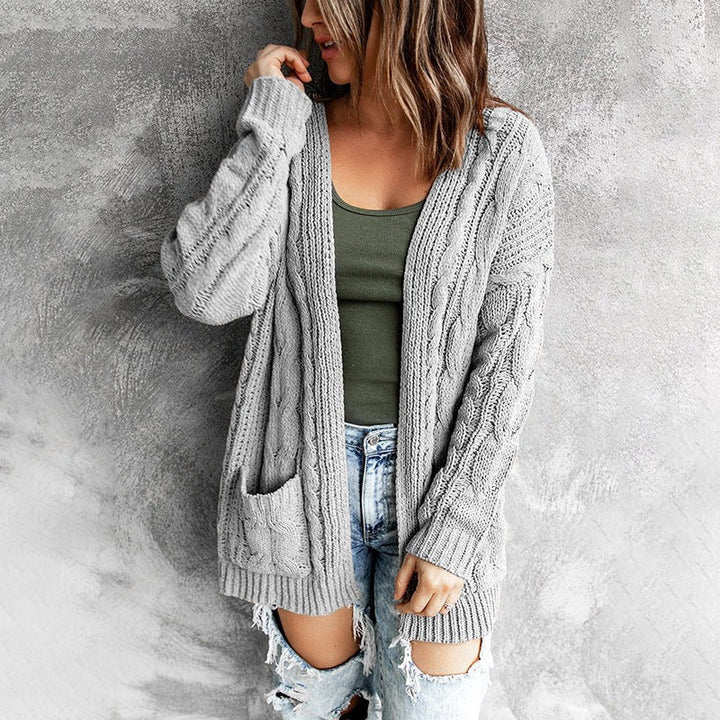 Schicker Damen Cardigan mit Zopfmuster, perfekt für Freizeit & Büro. Verfügbar in Grau & Schwarz.