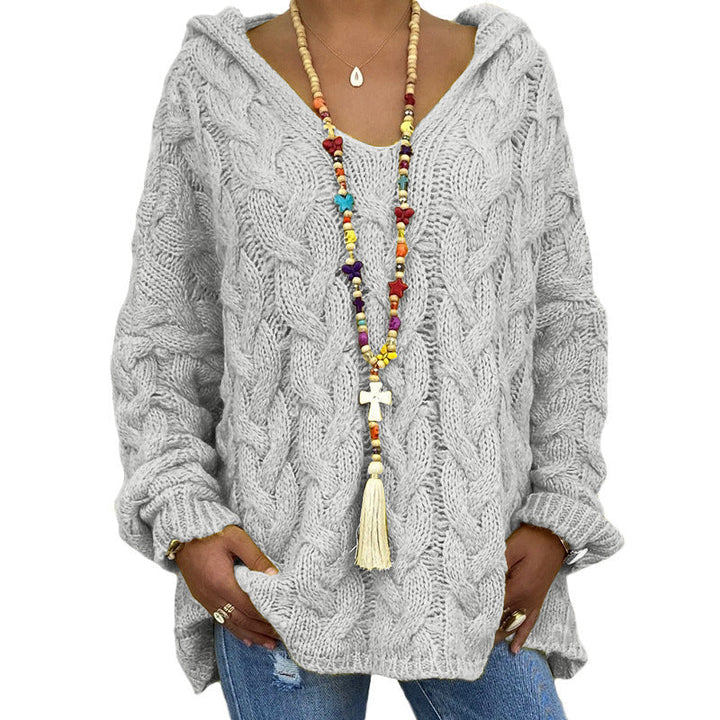Damen Winter Kapuzenpullover mit Zopfmuster, warm und stilvoll, ideal für Freizeit.
