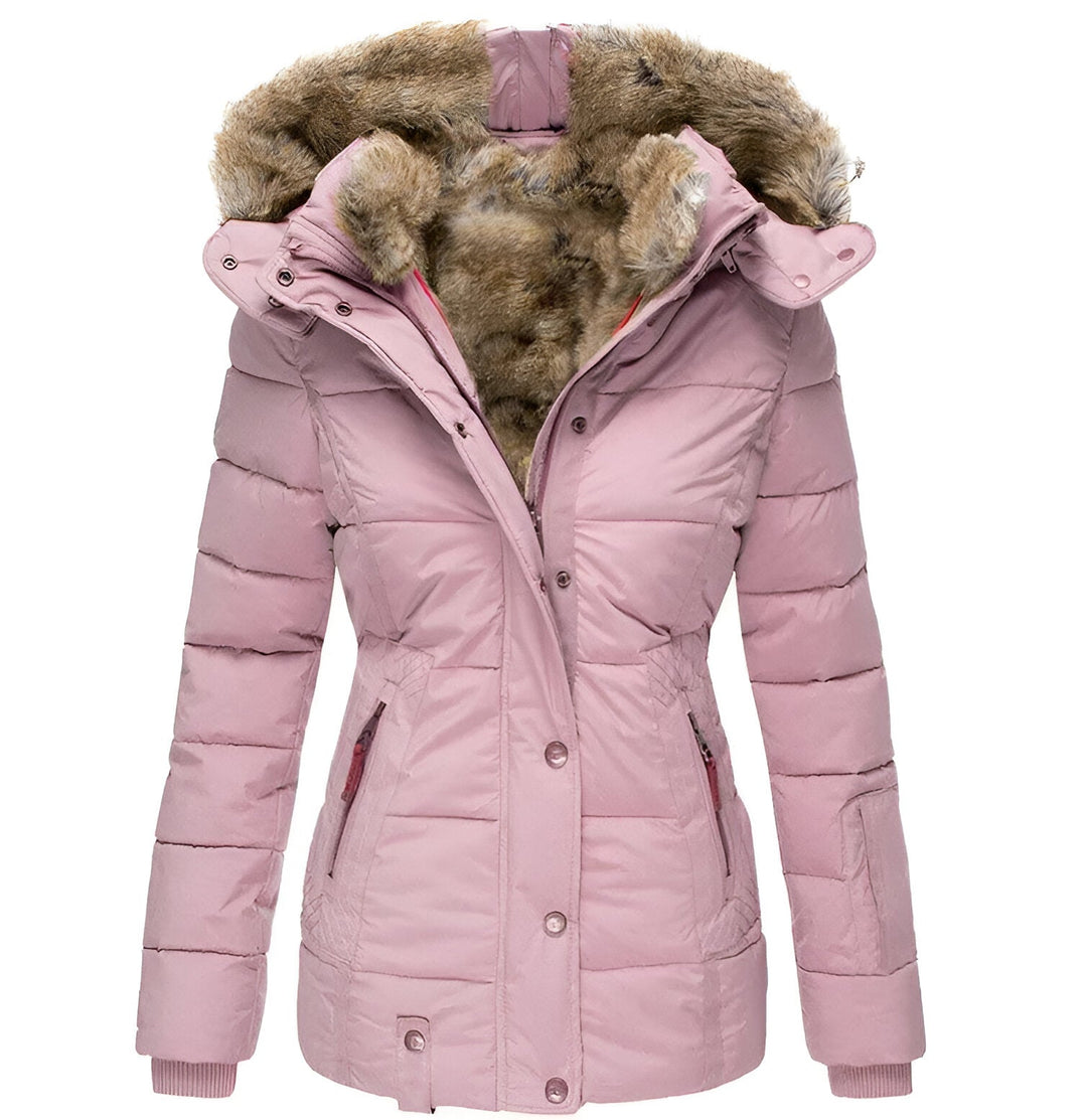 Moderne Damen Winter Steppjacke, schmale Passform, abnehmbare Kapuze, ideal für den Winter-Look.