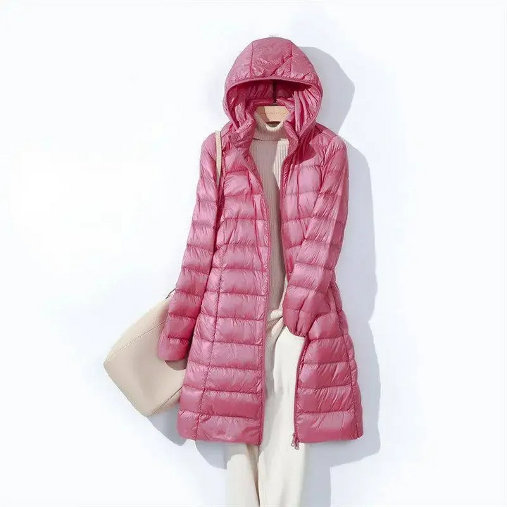 Eleganter Damen Kapuzenmantel, langer Steppmantel. Bequemer Schnitt für Freizeit & Alltagsmode im Winter.