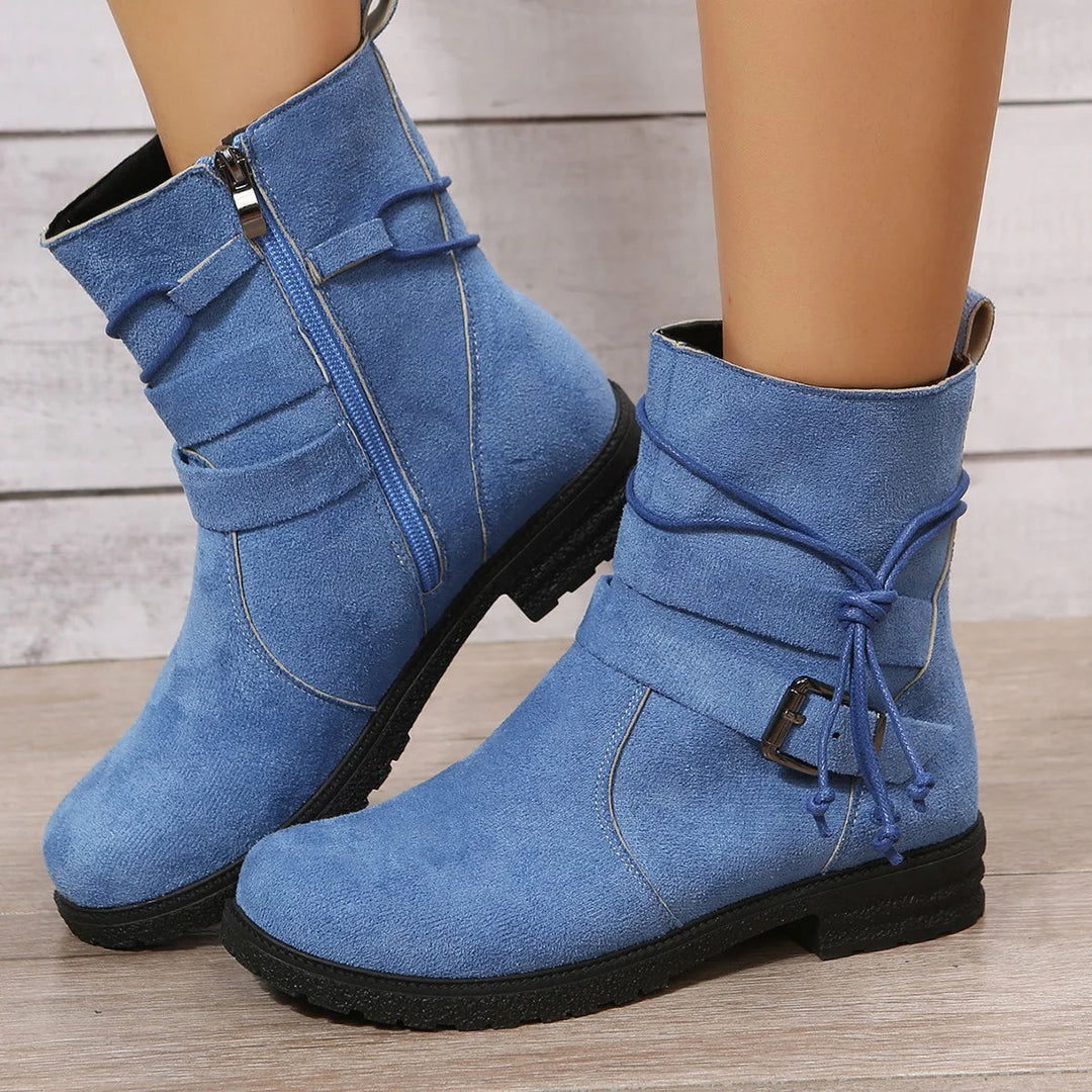 Damen Winter Stiefeletten, warm & bequem, mit stylischen Schnallenriemen & seitlichem Reißverschluss.