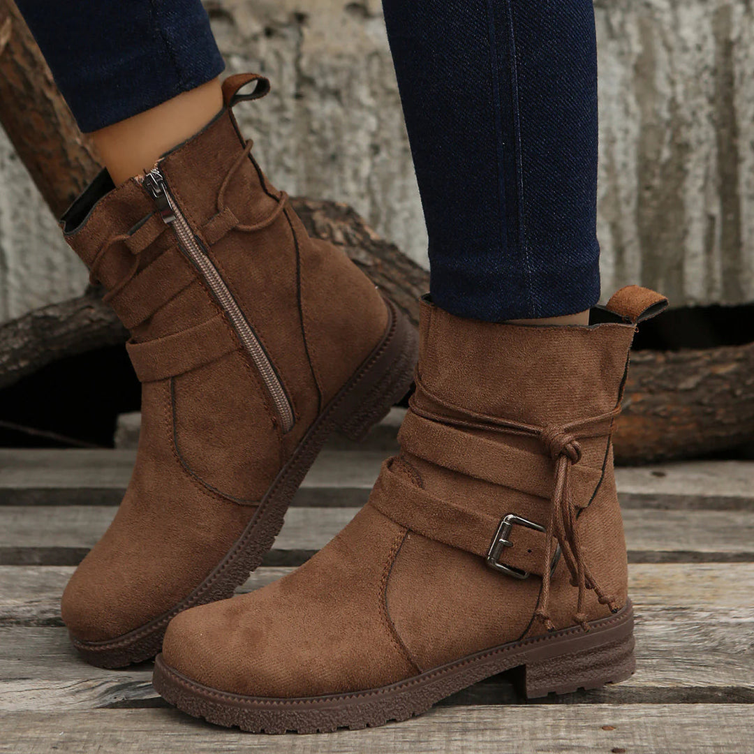 Modische Damen Winter Stiefelette mit dekorativen Schnallenriemen und praktischem Reißverschluss, für Komfort & Stil.