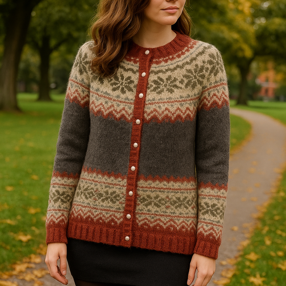 Gemütlicher Damen Cardigan aus Winterstrick, nordischer Stil, perfekt für elegante Wintermode.
