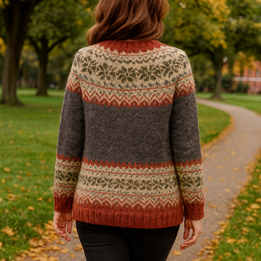 Warme Damen Strickjacke im nordischen Muster, ideal für Layering und stilvolle Winter-Outfits.