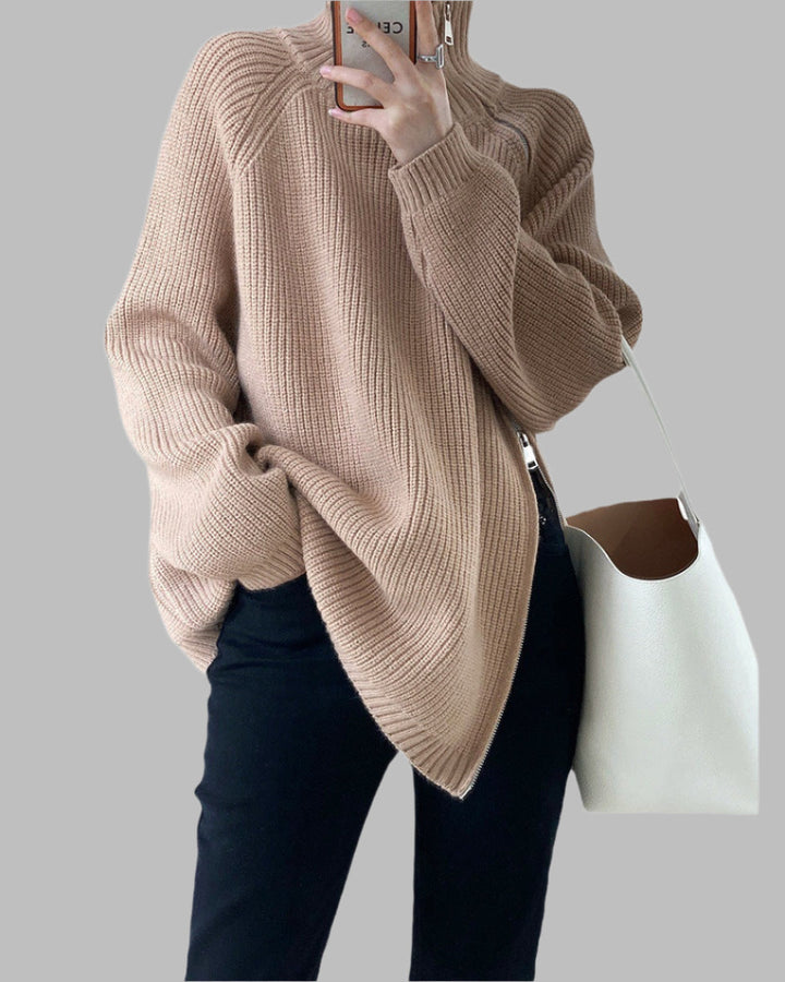 Damen Winter Strickpullover gerippt mit Reißverschluss, warm & gemütlich. Ideal für kalte Tage und Wintermode.