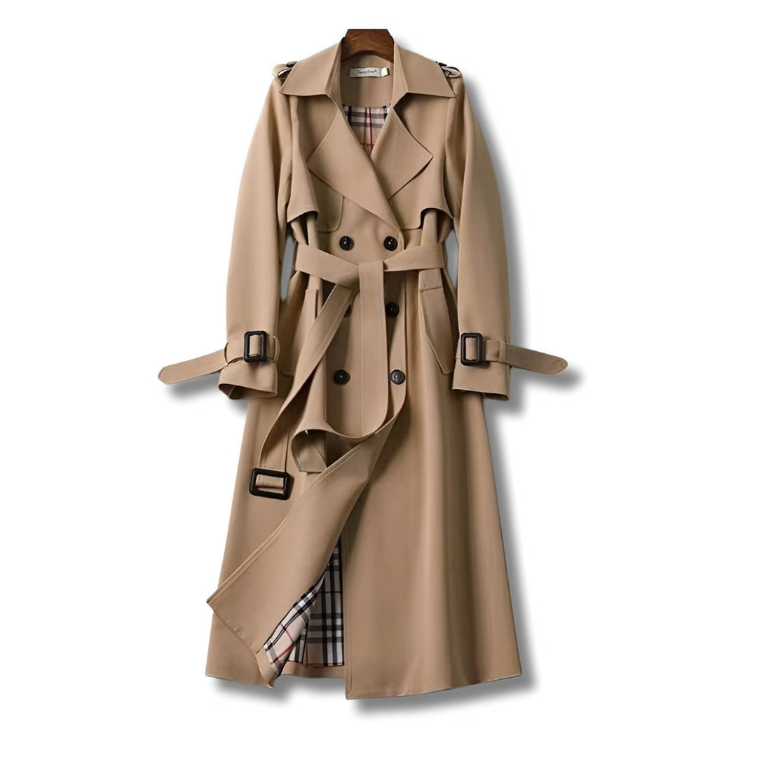 Damen Winter Trenchcoat mit Gürtel in Beige, klassisch und elegant.