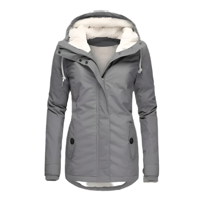 Warmer, wasserdichter Damen Langmantel mit Kapuze, isoliert. Perfekt für Outdoor & Alltag.