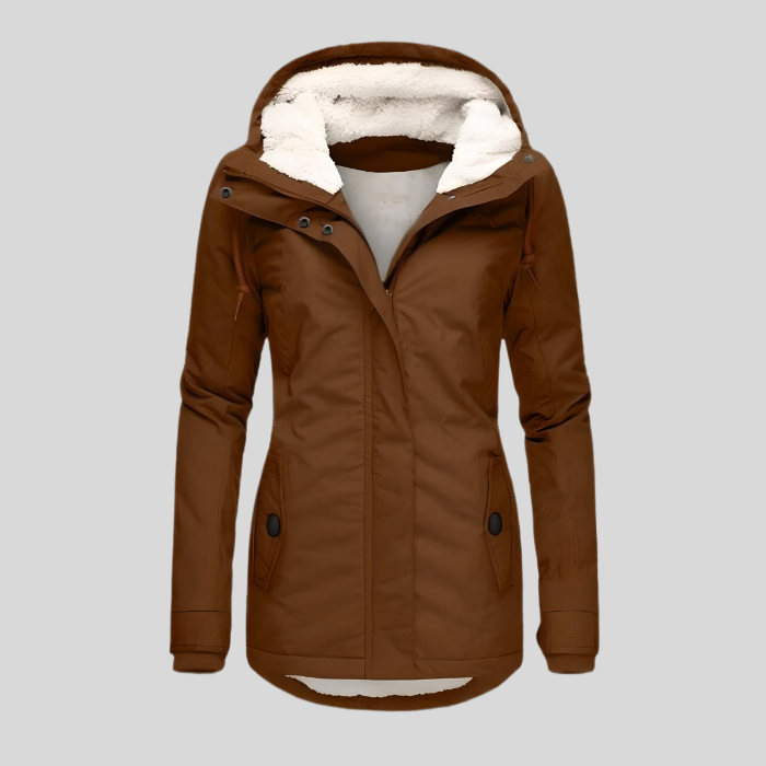 Langer, isolierter Damen Outdoormantel mit Kapuze, wasserdicht. Optimal für Reisen & kaltes Wetter.