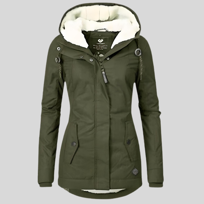 Damen Winterjacke lang, isoliert und wasserdicht mit warmer Kapuze. Hält dich im Winter trocken & warm.