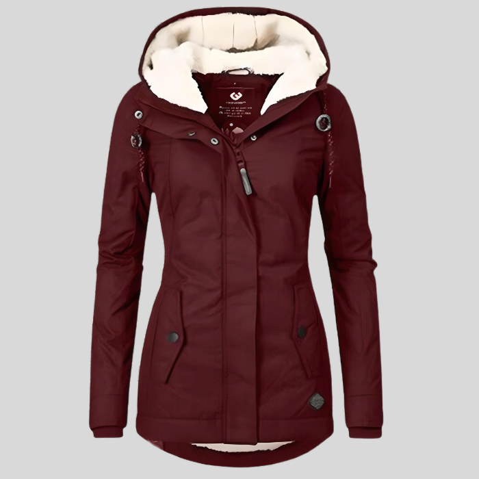 Eleganter Damen Langmantel für den Winter, isoliert & wasserdicht mit Kapuze. Ideal für Stil & Wärme.