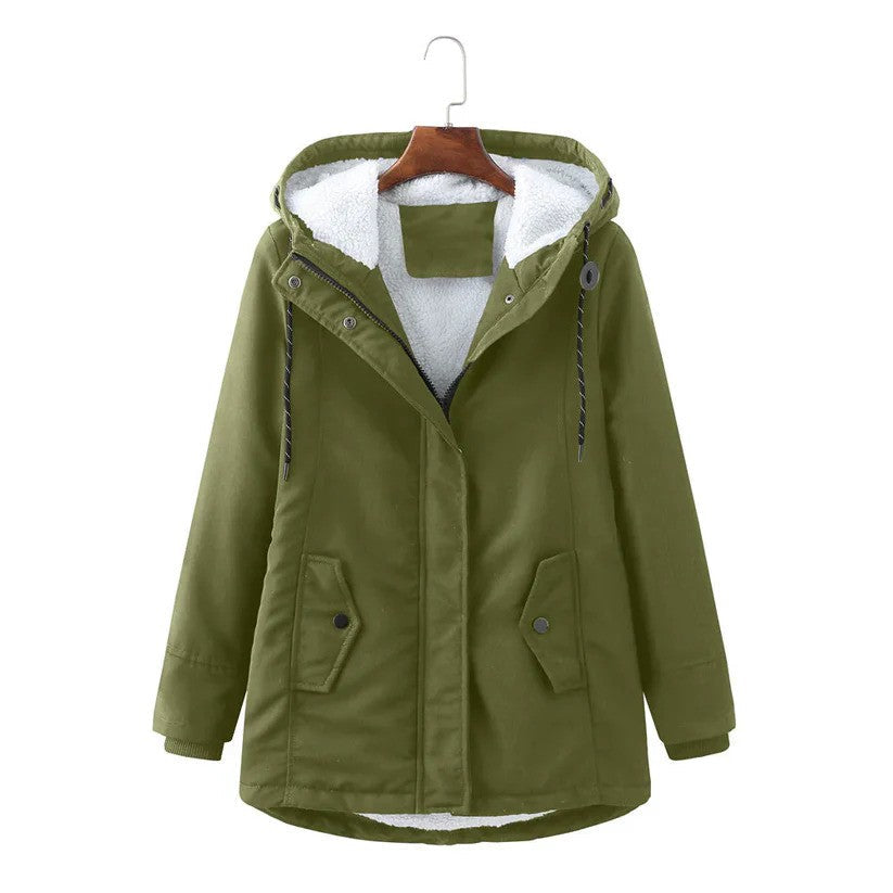 Praktischer Damen Parka mit Reißverschluss und Kapuze, ideal als warme Winterjacke für Damen.