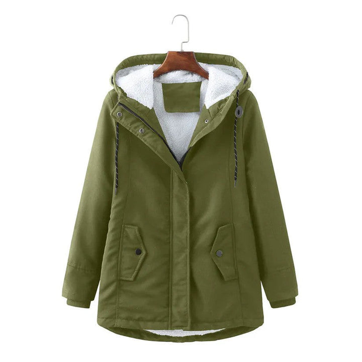 Praktischer Damen Parka mit Reißverschluss und Kapuze, ideal als warme Winterjacke für Damen.