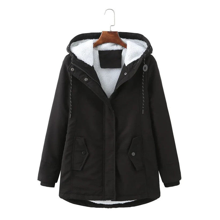 Eleganter Damen Wintermantel mit warmer Kapuze und stilvollem Design. Die perfekte Winterjacke für Frauen.