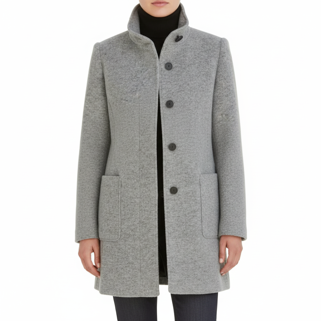 Damen Wintermantel mit Knopfverschluss, elegant und warm für kalte Tage, klassischer Business-Look.