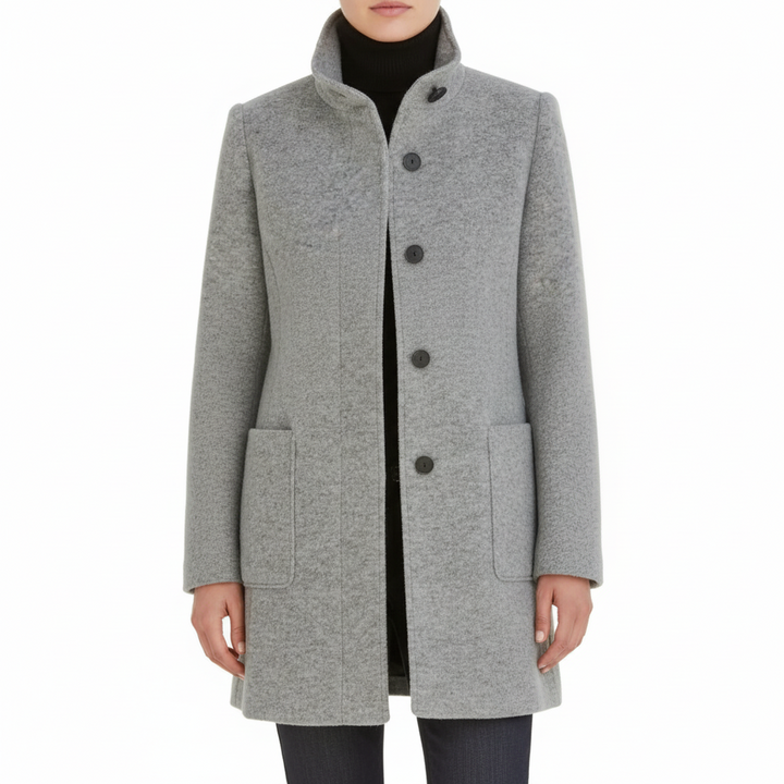 Damen Wintermantel mit Knopfverschluss, elegant und warm für kalte Tage, klassischer Business-Look.