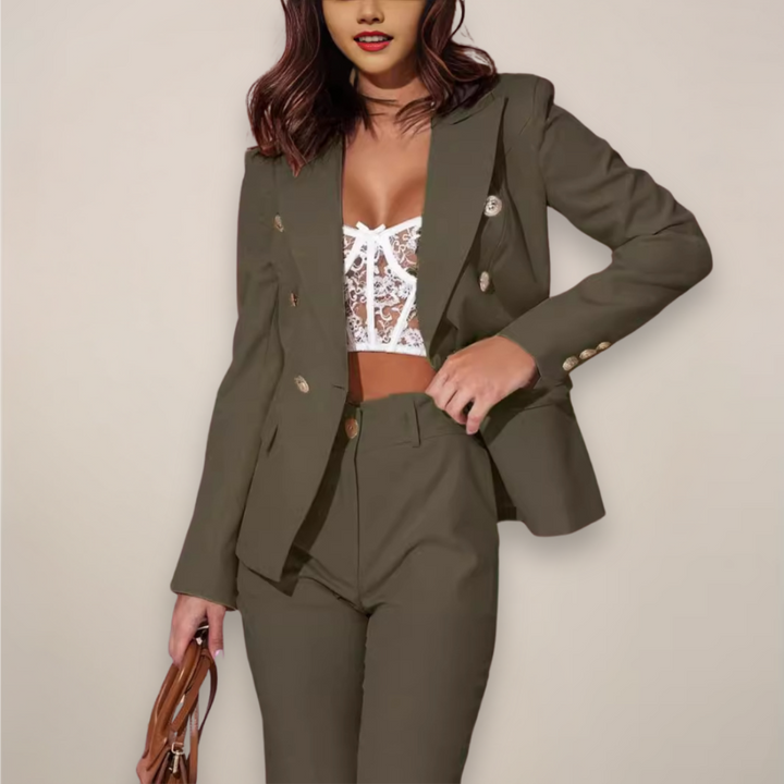 Damen Zweiteiliger Blazer-Anzug in Schwarz. Stilvoller Hosenanzug für Business & Freizeit. Eleganter Zweiteiler.