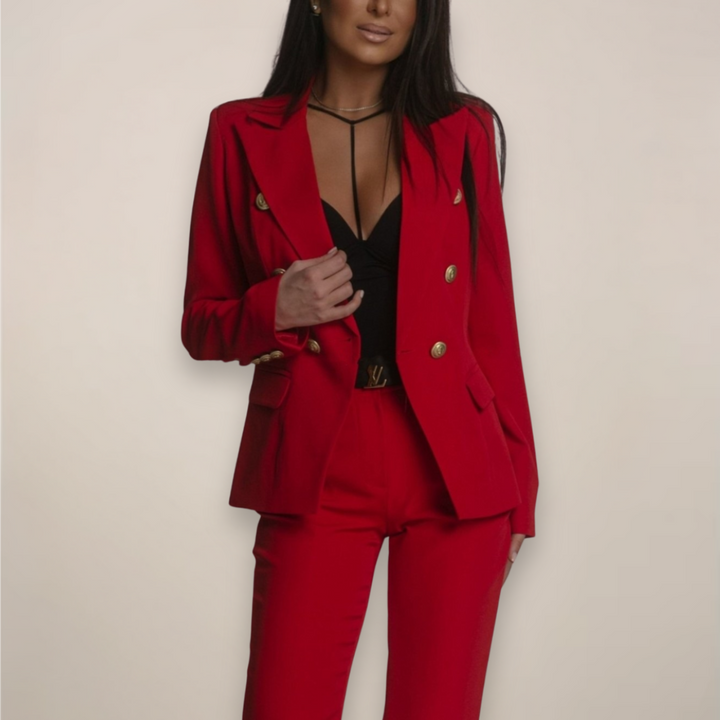 Selbstbewusstes Auftreten im eleganten Damen Blazer-Anzug. Kraftvoller Business-Look für moderne Frauen. Stilvoll.