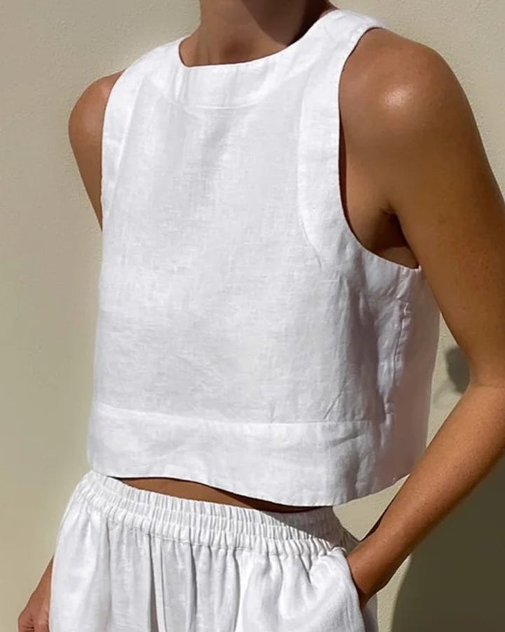 Modisches Damen Sommer Set zweiteilig. Komfortables ärmelloses Top und weite Hose, ideal für warme Tage.