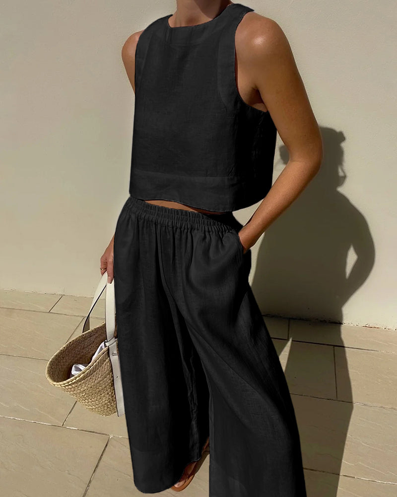 Casual Damen Sommer-Freizeitanzug mit ärmellosem Oberteil und langer, bequemer Hose. Perfekt für den Alltag.