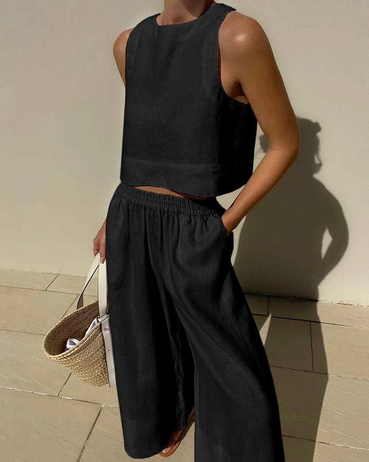 Casual Damen Sommer-Freizeitanzug mit ärmellosem Oberteil und langer, bequemer Hose. Perfekt für den Alltag.