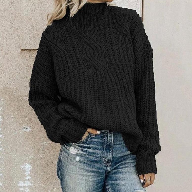 Damenpullover mit Stehkragen & Zopfmuster. Warmer Strickpullover für elegante Wintermode, Langarm.