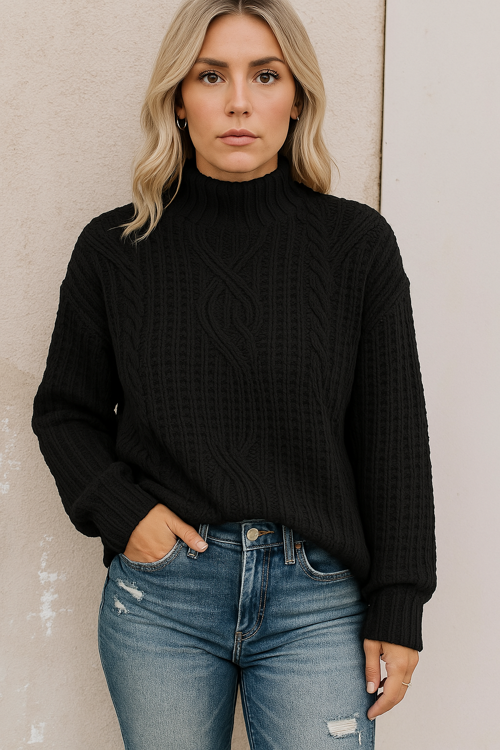 Eleganter Damen-Strickpullover mit Zopfmuster, geripptem Stehkragen. Ideal für Freizeit & Alltag, warm.