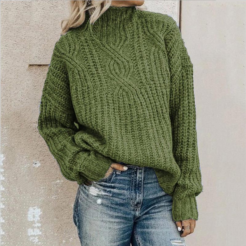 Warmer Damen-Winterpullover, gestrickt, mit Stehkragen & Zopfmuster. Perfekt für kalte Tage.