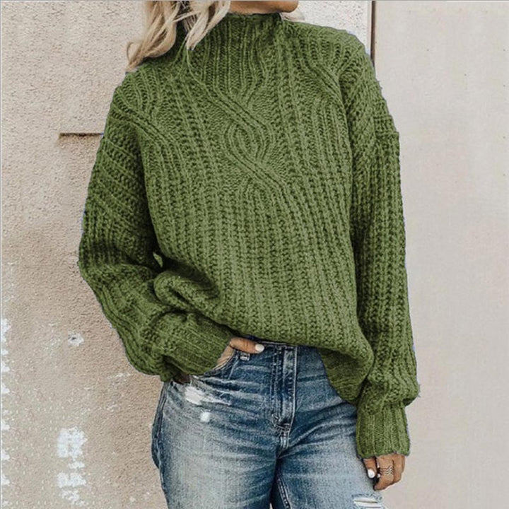 Warmer Damen-Winterpullover, gestrickt, mit Stehkragen & Zopfmuster. Perfekt für kalte Tage.