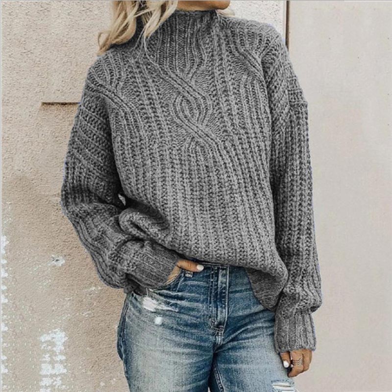Damen Oberteil: Langarm Strickpullover mit Zopfmuster & Stehkragen. Bequeme, elegante Winterkleidung.