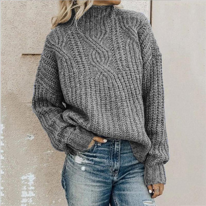 Damen Oberteil: Langarm Strickpullover mit Zopfmuster & Stehkragen. Bequeme, elegante Winterkleidung.
