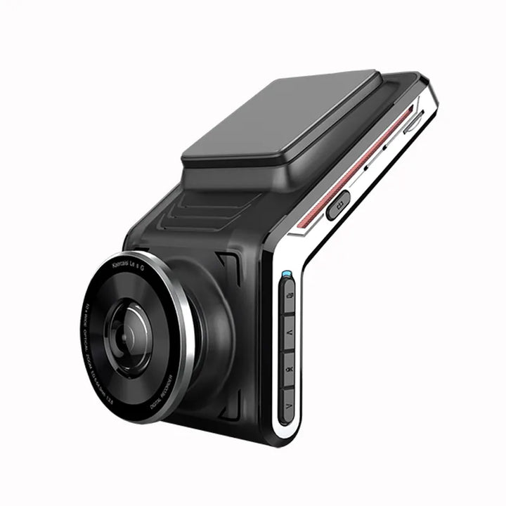 "Dashcam 4K mit Nachtsicht, Dual-Kameras, dunkles Gehäuse, zeigt frontale und rückwärtige Linse, ideal für Vielfahrer"