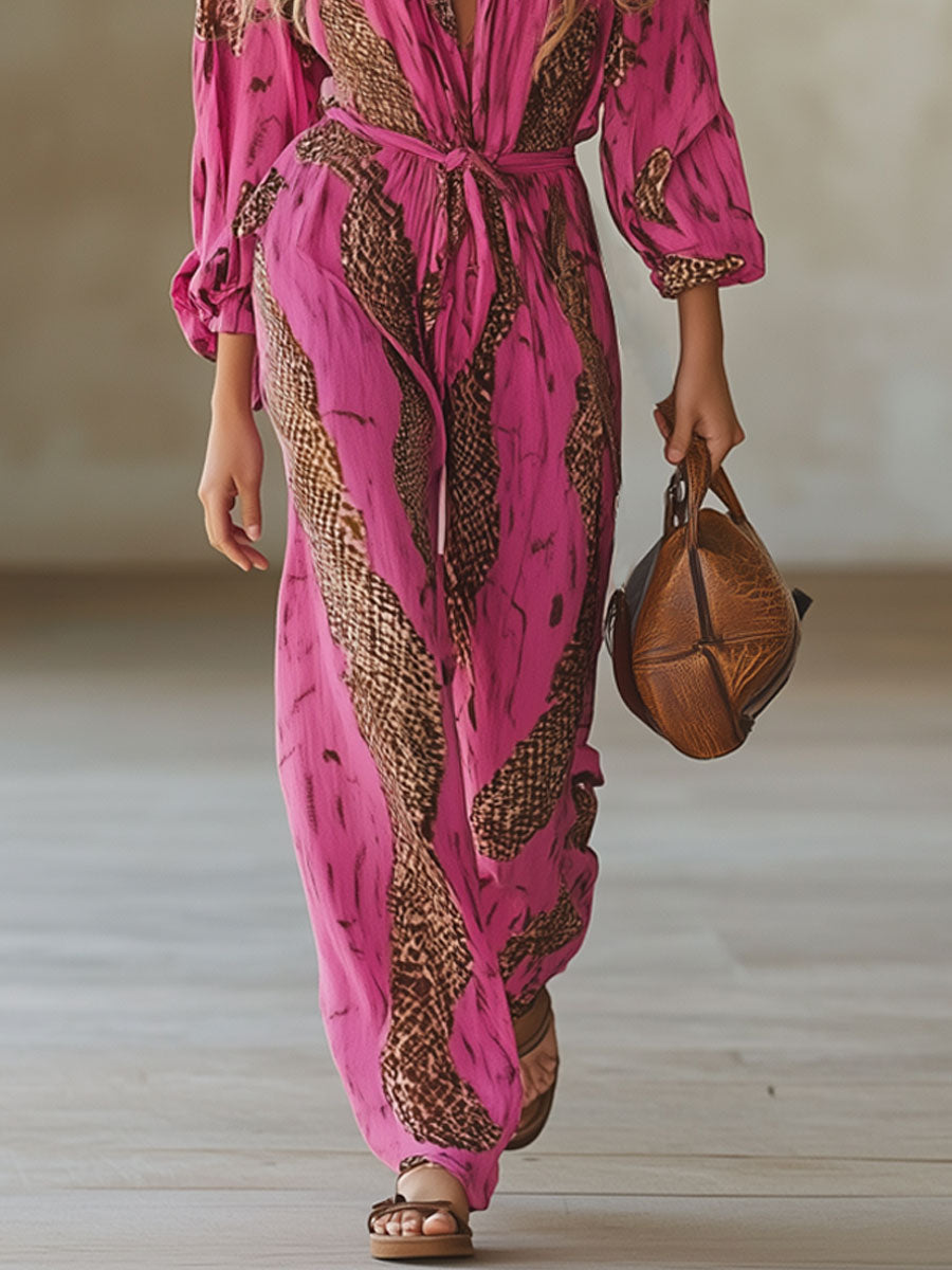 Stylischer Freizeit Jumpsuit für Damen, roségoldener Einteiler mit Leo-Print komplett