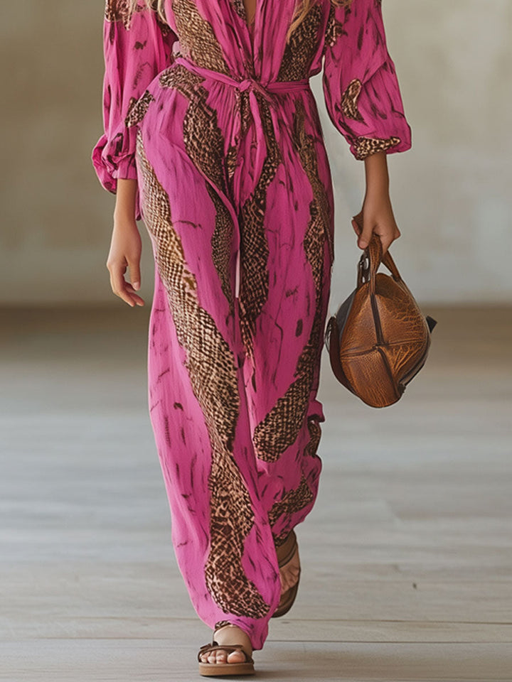 Stylischer Freizeit Jumpsuit für Damen, roségoldener Einteiler mit Leo-Print komplett