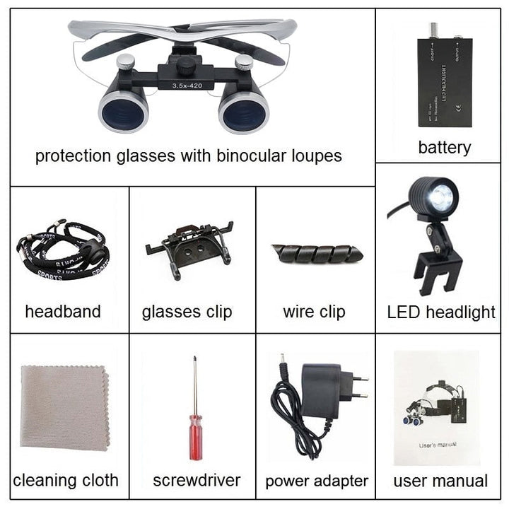 "Dental-Lupen-Set mit 2.5x/3.5x Vergrößerung und LED-Stirnlampe, ideal für zahnmedizinische Präzision, Blau, Schwarz, Silber.